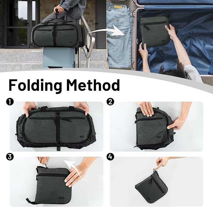 MIER Foldable Duffle Bag with Shoe Compartment 50L Travel Duffel Bags for Men Women Packable Overnight Bag for Camping Gym Weekender, Green Gray