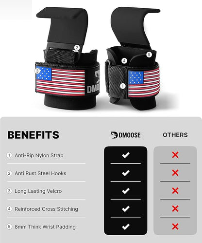 DMoose Fitness Weight Lifting Hooks (Pair) for Deadlifts, Pull Ups, Rows & Shrugs - Anti-Rip Nylon Strap Hand Grips with Thick Wrist Padding - Heavy Duty Wrist Straps for Weightlifting & Gym Workouts