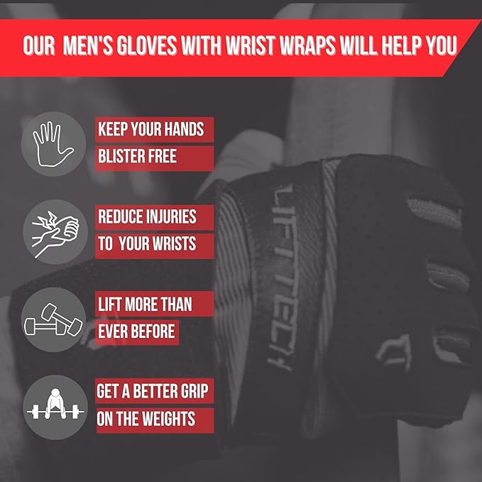 Lift Tech Men's Elite Weight Lifting Gloves with Wrist Support - Weight Lifting Gloves for Men Into Weights, Strength Training, Powerlifting - Washable Wrist Support Gloves - Blue & Black - L