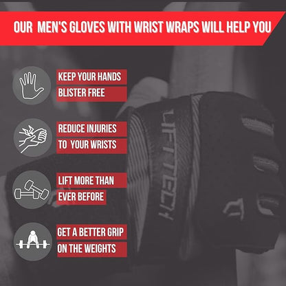 Lift Tech Men's Elite Weight Lifting Gloves with Wrist Support - Weight Lifting Gloves for Men Into Weights, Strength Training, Powerlifting - Washable Wrist Support Gloves - Blue & Black - L