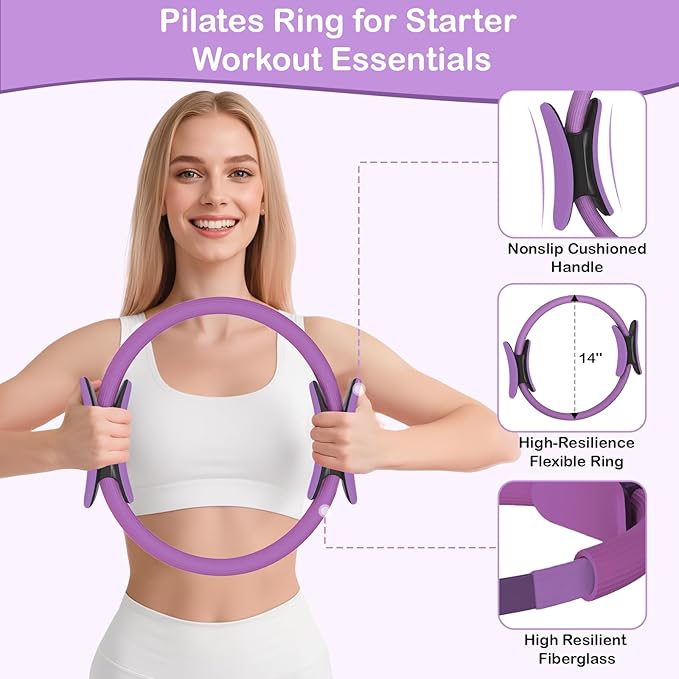 Hoedia 17 PCS Pilates Kit for Women, Pilates Equipment Ring and Ball Set with Resistance Bands, Yoga Strap, Core Sliders, Socks, Bag & Guide for Starter Home Workout Fitness Gym Essentials