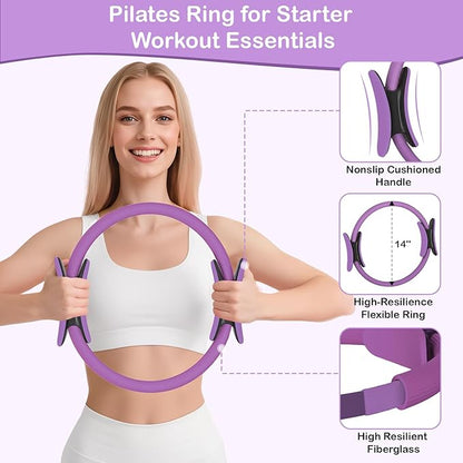 Hoedia 17 PCS Pilates Kit for Women, Pilates Equipment Ring and Ball Set with Resistance Bands, Yoga Strap, Core Sliders, Socks, Bag & Guide for Starter Home Workout Fitness Gym Essentials