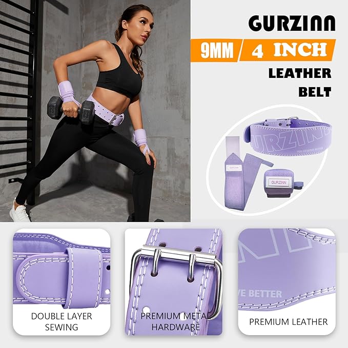 Weight Lifting Belt 4 inch Leather Belt Foam Padded Back Support Gym Belt for Bodybuilding Squat Deadlift Weightlifting Belt Women Free Wrist Wrap