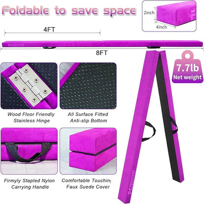 8FT Folding Balance Beam -Gymnastics Floor Beam -Gymnastics Equipment for Kids,Wood core- Anti-Slip Bottom and Carrying Bag for Home