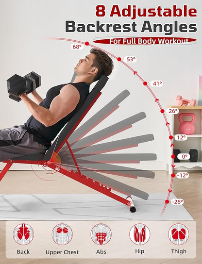 SPORTSOUL 880LB Weight Bench for Home Gym, 8-Position Backrest Adjustable Workout Bench for Strength Training – Incline Decline Flat, Foldable & Compact for Small Space Apartment Room Garage