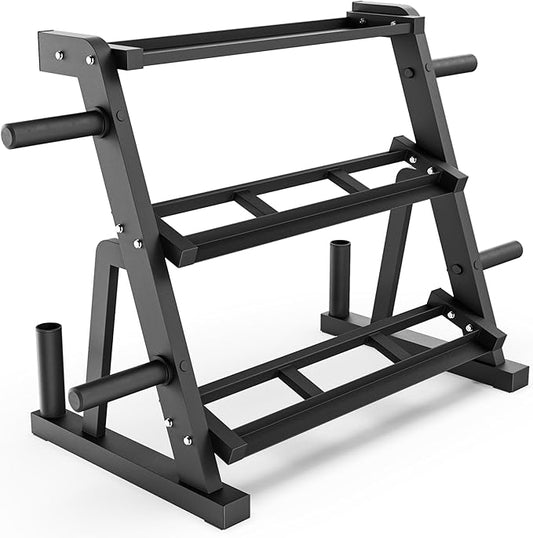 Synergee 3-Tier Dumbbell Storage Rack with 2 Barbell Holders and 4 Weight Plate Pegs, Featuring 2-Tier Dumbbell Storage and 3rd Tier for Kettlebell Storage – Accommodates 1" and 2" Plates – All-in-One