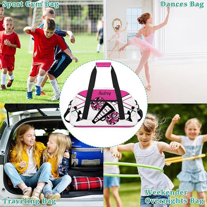 Custom Sports Gym Bag for Girls Cheerleading Bag, Personalized Sport Dance Bag Travel Overnight Small Duffel Bag Gymnastics Workout Sleepover Bag, Rosy White Black CHEER