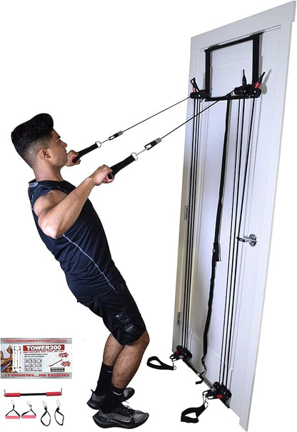 Home Gym Complete Body Exercise Workout Resistance Bands Door Gym w 2X Handles, 2X Ankle Straps and Straight Bar Included