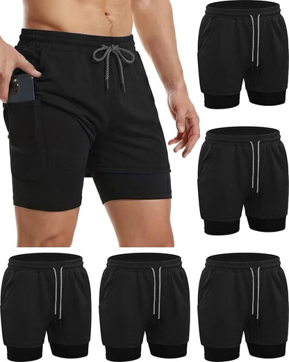 Sureio 6 Pcs Men's 2 in 1 Workout Running Shorts 5" Athletic Gym Shorts with Liner Quick Dry Shorts with Pockets Towel Loop