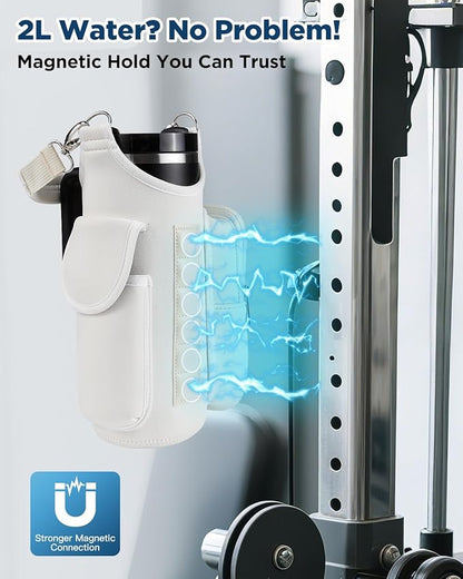 IPOW Magnetic Gym Bag Water Bottle Carrier Holder with Phone Pockets & Shoulder Strap for Men Women,Water Bottle Holder, Gym Pouch, Crossbody Bag for Travel, Sports, Work, Fitness - Beige