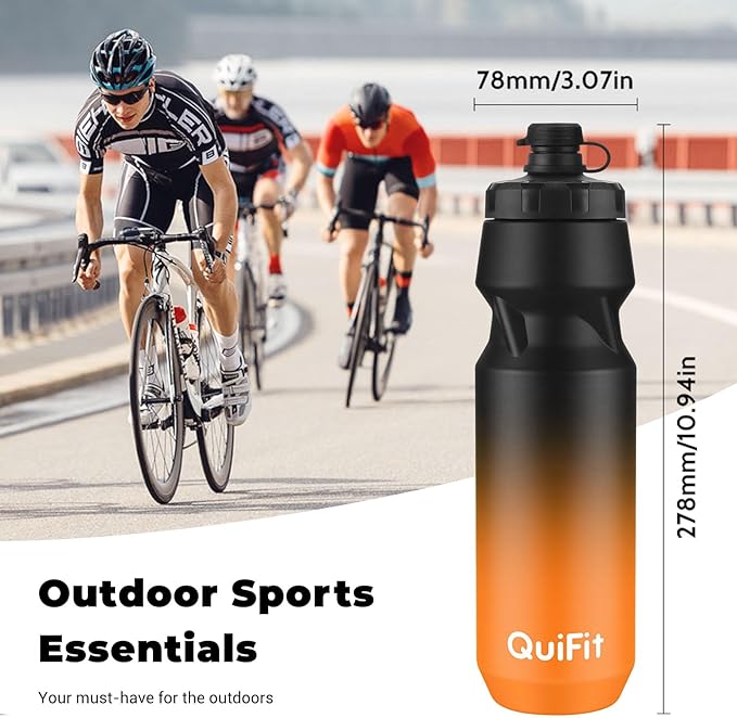 QuiFit 32 oz water bottles 2-Pack, Squeeze Bottles BPA Free, Leak Proof, Reusable Sport Jug with Dust Cover, Fit Most Bike Holders, for Cycling (Black+Black Orange, 32 Ounces)