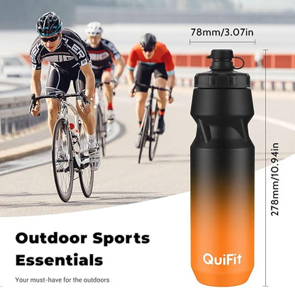 QuiFit Bike Water Bottle 2-Pack, 32oz Squeeze Bottles BPA Free, Leak Proof, Reusable Sport Jug with Dust Cover, Fit Most Bike Holders, for Cycling (Black Green+Black Orange, 32 Ounces)
