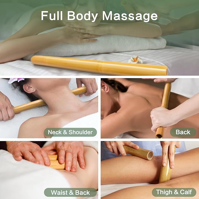 4PCS Hollow Bamboo Massage Sticks 100% Natural Bamboo Massage Tools Full Body Guasha Rollers Tools for Relaxing Muscles/Deep Tissue Massage/Body Shaping/Fatigue Relief (Includes Carry Bag)