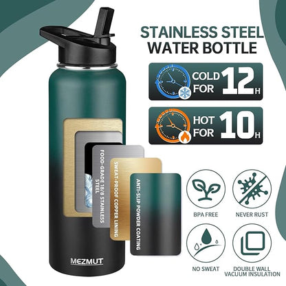 MEZMUT Insulated Water Bottle with Straw&2 Lids 40oz Stainless Steel Water Bottles Metal Water Bottle Double Walled Vacuum Insulated Bottles Thermos Leak-Proof Travel Cup (Gradient Green Black)