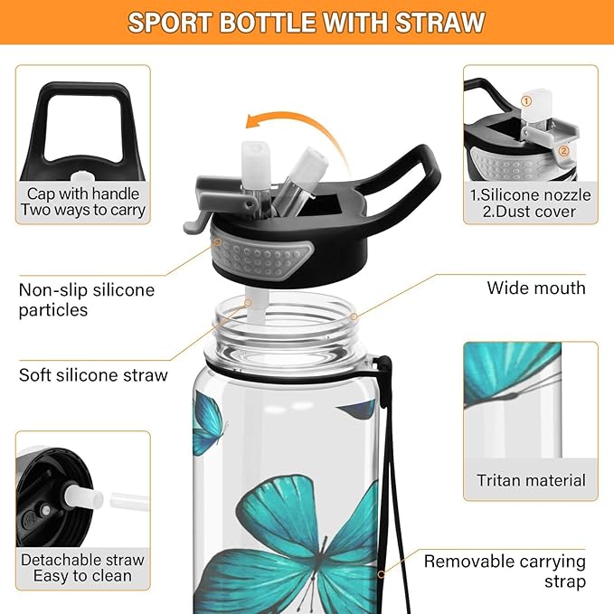 Watercolor Blue Butterfly Sport Water Bottle with Straw, Leakproof Tritan Bottle BPA Free Clear Water Bottle for Fitness Outdoor Gym Travel- 32 oz