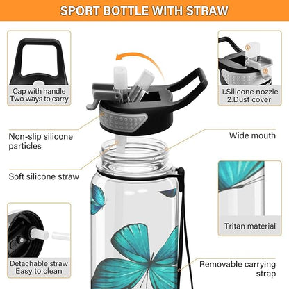 Watercolor Blue Butterfly Sport Water Bottle with Straw, Leakproof Tritan Bottle BPA Free Clear Water Bottle for Fitness Outdoor Gym Travel- 32 oz