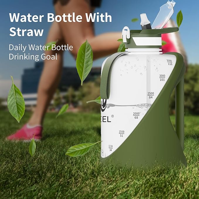 TOOFEEL 1 Gallon Water Bottle - 128 oz with Straw & Chug Lid - BPA Free, Gym & Travel Bottle - Military Green and White