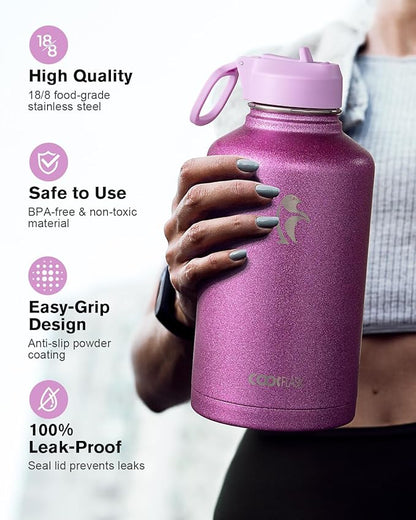 Coolflask Half Gallon Water Bottle Insulated with Straw & 3 Lids, 64 oz Water Jug Large Metal Stainless Steel Wide Mouth for Sports, Gym or Office, Non-BPA Keep Cold 48H Hot 24H, Glitter Pink