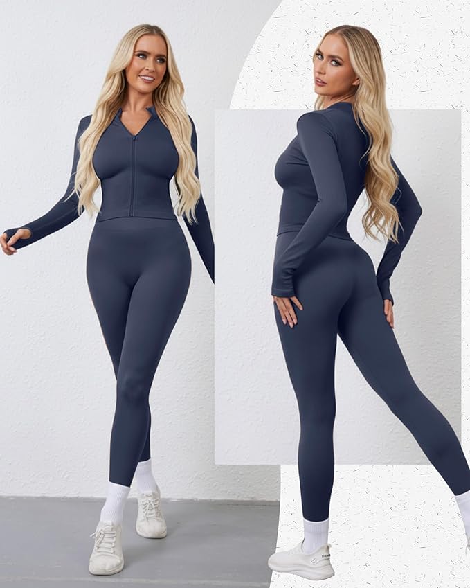 Women 3 Piece Seamless Workout Set Sports Bra High Waisted Gym Yoga Leggings Zip Up Jacket with Thumbhole Activewear