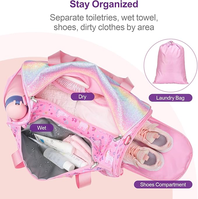 Bagseri Dance Bag for Girls - Kids Duffle with Shoe Compartment, Gymnastics Tote for Sleepover Travel with Water Resistant Wet Pocket（Glitter Unicorn, Pink）