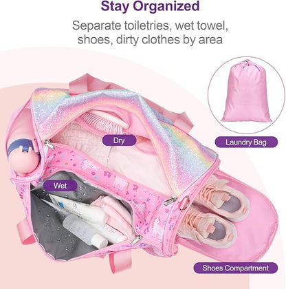 Bagseri Dance Bag for Girls - Kids Duffle with Shoe Compartment, Gymnastics Tote for Sleepover Travel with Water Resistant Wet Pocket（Glitter Unicorn, Pink）