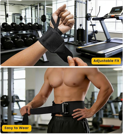 Weightlifting Belt & Wrist Wraps Combo - Auto-Lock Weight Lifting Belt 6.5" Back Support with 0.4" Foam, Adjustable Wrist Wraps for Weightlifting - for Men & Women Beginners & Pros