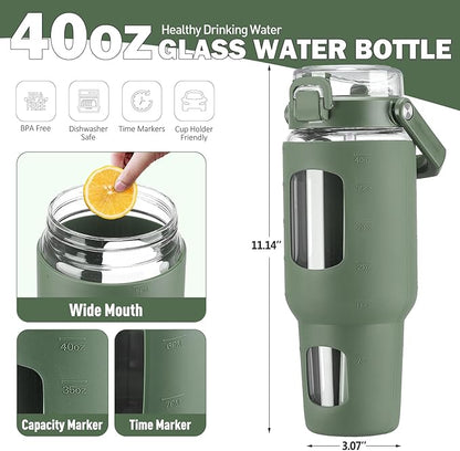BLUEGO 40 oz Glass Water Bottle with Straw, Leakproof and Time Marker, Wide Mouth for Travel, Gym, Workout, Olive