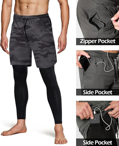 Aolesy Men's 2 in 1 Running Pants, Gym Workout Compression Pants for Men Training Athletic