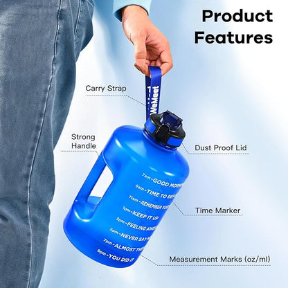 1 Gallon Water Bottle with Handle, 128oz LeakProof Reusable Gym Water Bottle with Capacity Scale, BPA Free, Ideal for Gym and Outdoor Life (Blue)