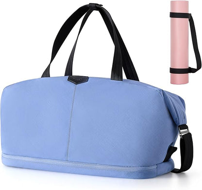 Timeet Expandable Gym Duffel Bag For Women with Yoga Mat Strap, 47L Sports Duffle Bag With Shoes Compartment&Dry Wet Pocket, Water Resistant Carry on Sports Weekend Travel Overnight Bag, Powder Blue