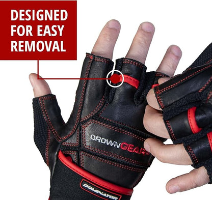 Weightlifting Gloves for Gym Fitness Bodybuilding - Dominator Leather Crossfit Cross Training Gloves Wrist Strap Wrap - Best Weight Lifting Gloves with Wrist Support for Heavy Lifting
