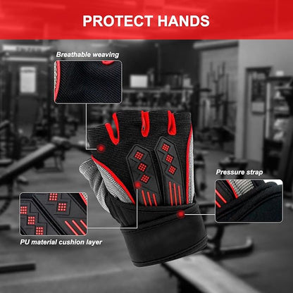 Workout Gloves for Men Women, Breathable Weight Lifting Gloves with Wrist Wraps Support for Gym, Exercise, Training and Fitness, Fingerless, Padded Full Palm Protection
