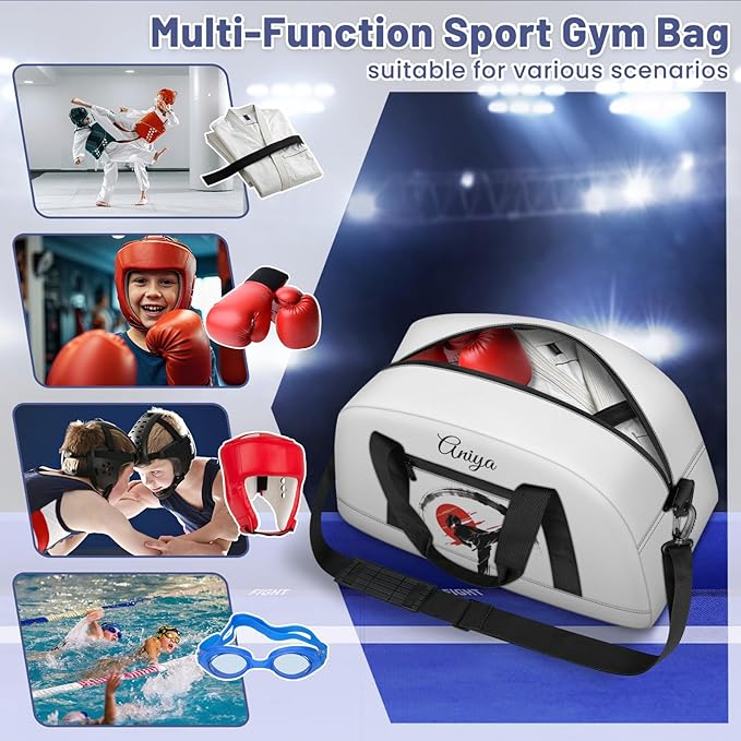 Custom Name Taekwondo Karate Duffle Bag for kids Girls - Personalized Martial Arts Gear Bag, Water-Resistant Sparring Equipment Bag, Taekwondo White