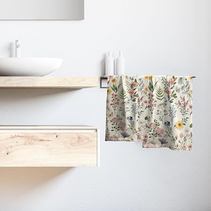 Watercolor Wildflowers Spring Kitchen Towels 14"x28" Set of 2 Rustic Floral Hand Bath Towel Vintage Flowers Seasonal Soft Absorbent Fingertip Towel for Bathroom Shower Hotel Gym