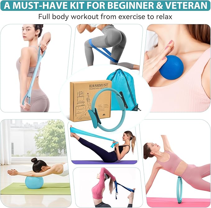 HASHMUST Pilates Ring Kit 12 PCS for Women, Home Workout Equipment with Magic Circle, Mini Exercise Ball, Resistance Bands, Massage Lacrosse, Yoga Strap, Full-Body Fitness Set for Toning & Gift