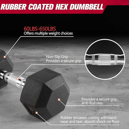 RitFit Rubber Coated Hex Dumbbell Set with Rack, 5-780LB for Home Gym Strength Training, Anti-Slip Knurled Handle, Hexagon Anti-Roll, Heavy-Duty Storage Rack