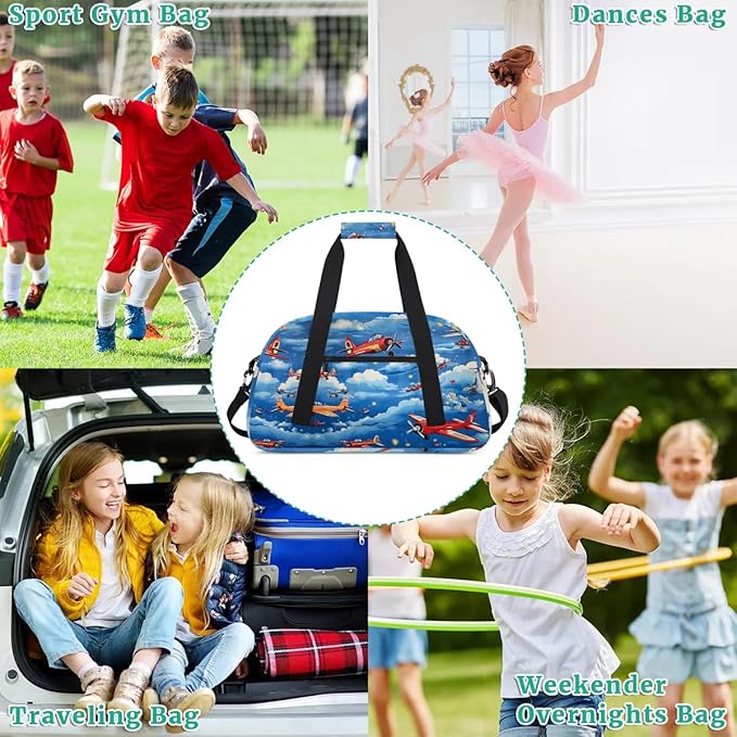 Airplane Kids Duffel Bag for Boys, Aircraft Clouds Sports Gym Bag Overnight Travel Weekender Bag Lightweight Carry On Sleepovers Bag for School Practice Gymnastics