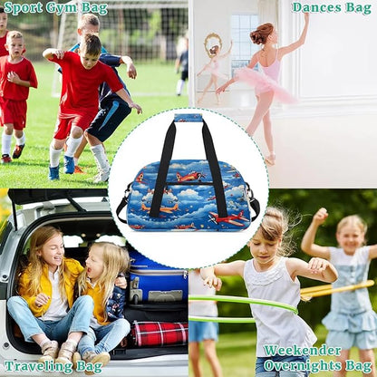 Airplane Kids Duffel Bag for Boys, Aircraft Clouds Sports Gym Bag Overnight Travel Weekender Bag Lightweight Carry On Sleepovers Bag for School Practice Gymnastics