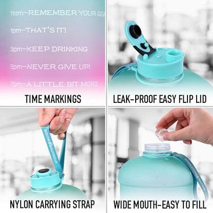 Hydration Nation 1 Gallon Water Bottle with Times to Drink - Motivational Time Reader Leak-Proof Jug with Flip Cap & Strap - 128oz Sports Bottle