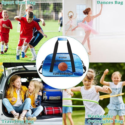Custom Named Sports Basketball Bag for Boys, Gym Bag Sports Travel Duffle Bag Tote Dance Training Carry On Weekend Sports Bag, Watercolor Blue Geometric with Basketball