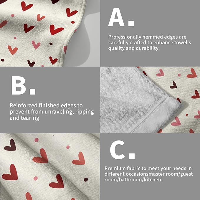 Valentine's Hand Towels Set of 2 Pink Red Love Heart Dot Decor Kitchen Towels 28’’x14’’Happy Holiday Wedding Anniversary Beige Dish Towel Super Soft Tea Towels for Bathroom Gym Spa
