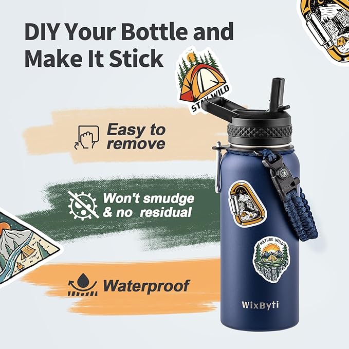 32 oz Insulated Water Bottle with Straw, Stainless Steel Triple Wall Vacuum Sports Water Jug, Leakproof Hydro Cup Flask with Paracord Handle & Straw Spout Lids & DIY Stickers
