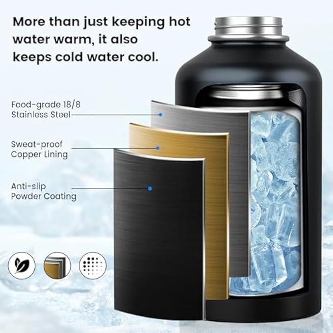 Insulated Water Bottle 40 oz, Triple Wall Vacuum Stainless Steel(Cold for 48 Hrs),Leak Proof & BPA-Free,Half Gallon Water Bottle with Reflective Paracord & Flip Straw for Sports & Travel, Black