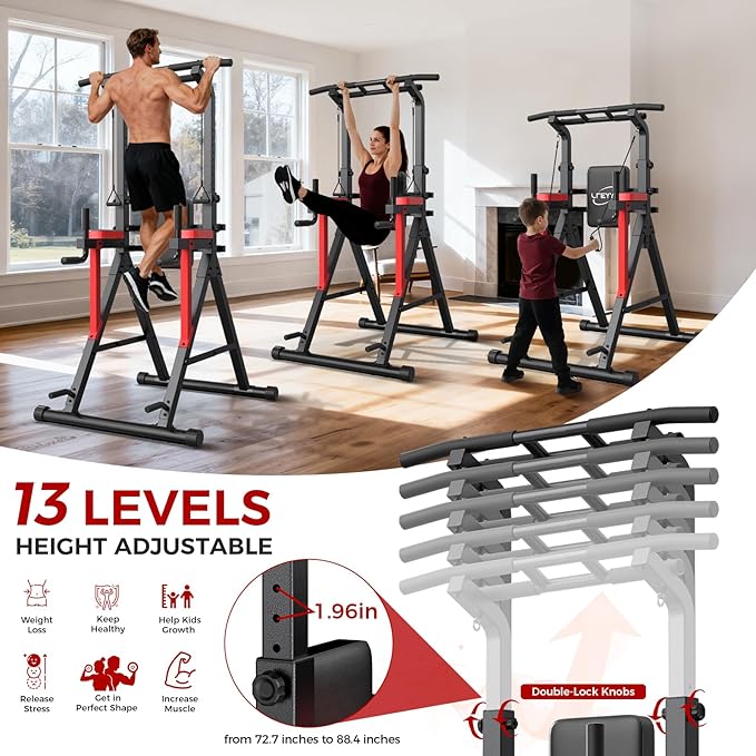 Power Tower Pull Up Bar Free Standing - 13-Level Adjustable Height Dip Station with X-Frame Stability, Multi-Grip Handles, Backrest, Anti-Slip Foot Pads - Home Gym Strength Training Equipment 400LBS