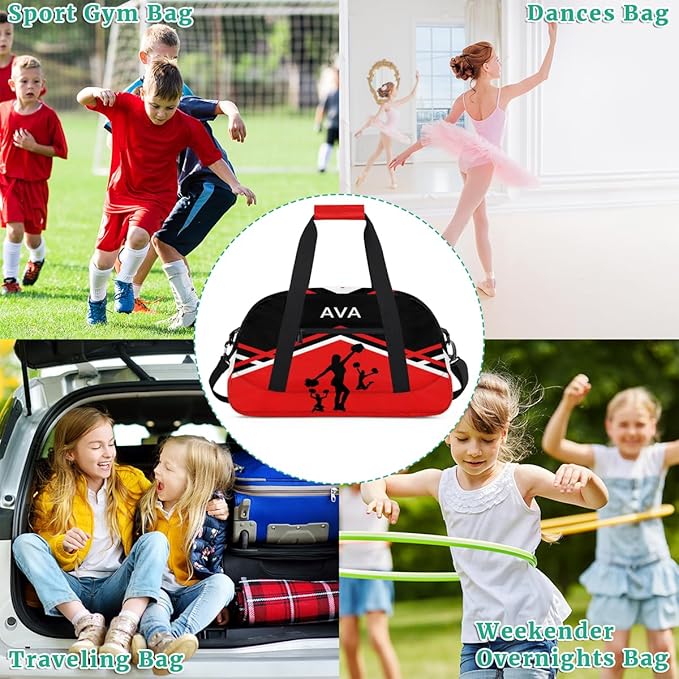 Personalized Cheerleading Dance Bag for Girls, Custom Name Sport Barrel Gym Bag Weekender Bags Carry On Travel Duffel Workout Training Bag, Red Black Cheerleaders Silhouette