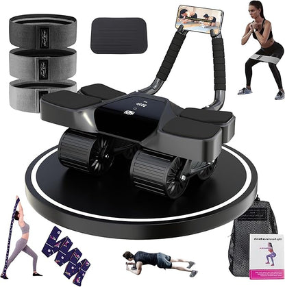 Ab Roller Home Gym Equipment – 4 Wheels Ab Wheel Muscle Roller with LCD Screen, Yoga Stretching Strap, 3 Resistance Bands – Comfortable Elbow Support with Non-Slip Handles – Time and Calorie Count