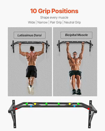 VEVOR Pull Up Bar, Multi-Grip Wall Mounted Pull Ups, 50 in Width Multifunctional Chin Up Training Station, Heavy Duty Steel Upper Body Workout Bars with Hangers, 440 lbs Weight Capacity, for Home Gym