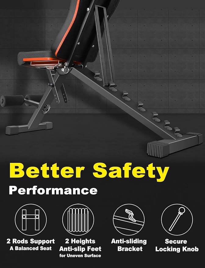 LINODI Adjustable Weight Bench for Home Gym，Foldable Incline Decline Flat Workout Bench for Full Body Strength Training, Dumbbell Press & Ab Exercises