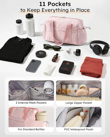 Small Gym Bag for Women, Mini Sports Duffle Bag for Workout Dance Ballet Yoga Gymnastics, Quilted Lightweight Puffer Travel Tote with Detachable Coin Purse & Wet Pocket, Pink