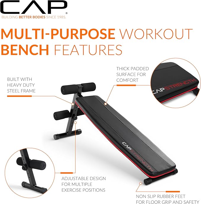 CAP Barbell Sit Up Bench – Adjustable Decline Ab Bench for Home Gym – Multi-Purpose Slant Board for Core Strength, Sit-Ups, and Full-Body Workouts